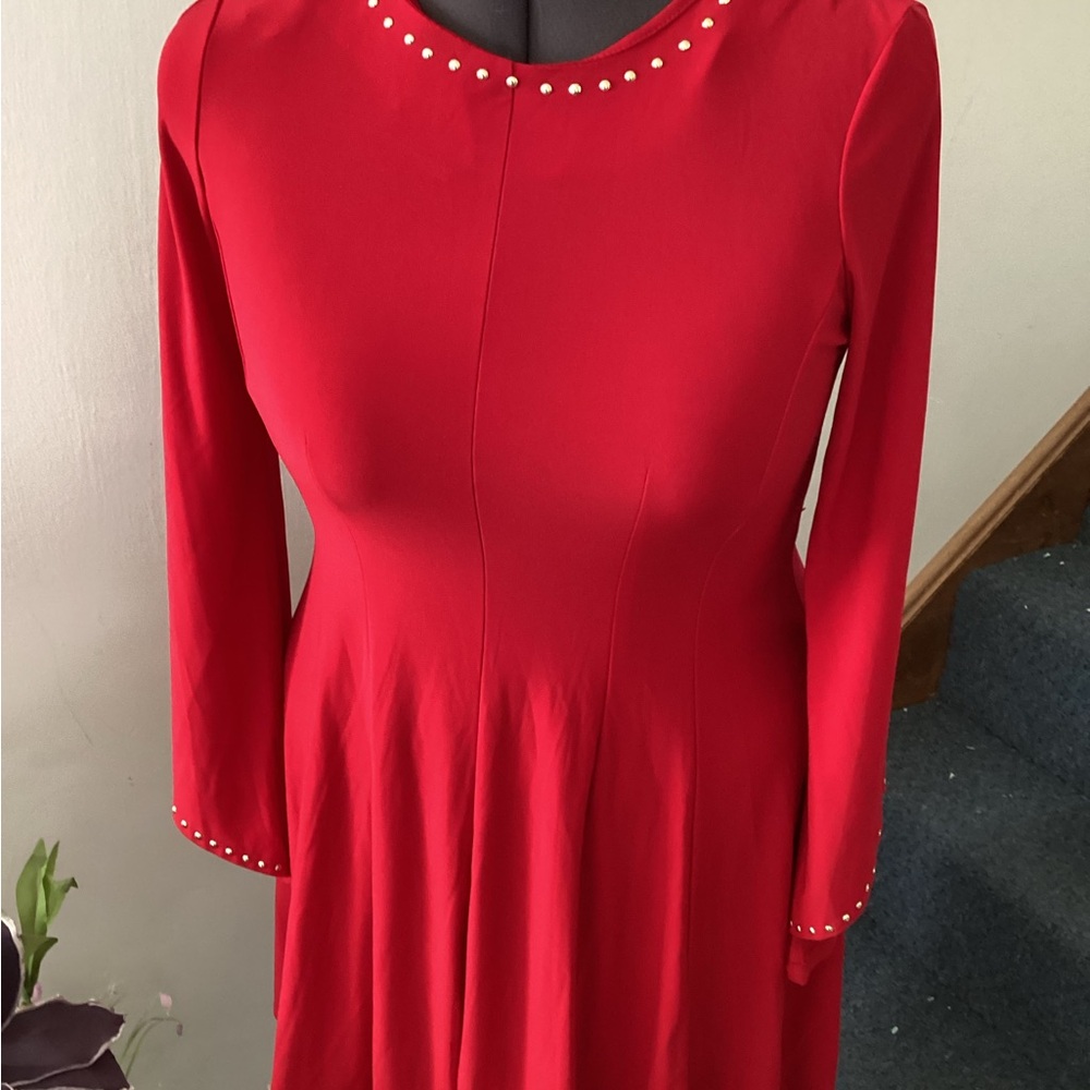 Red dress with gold beads
